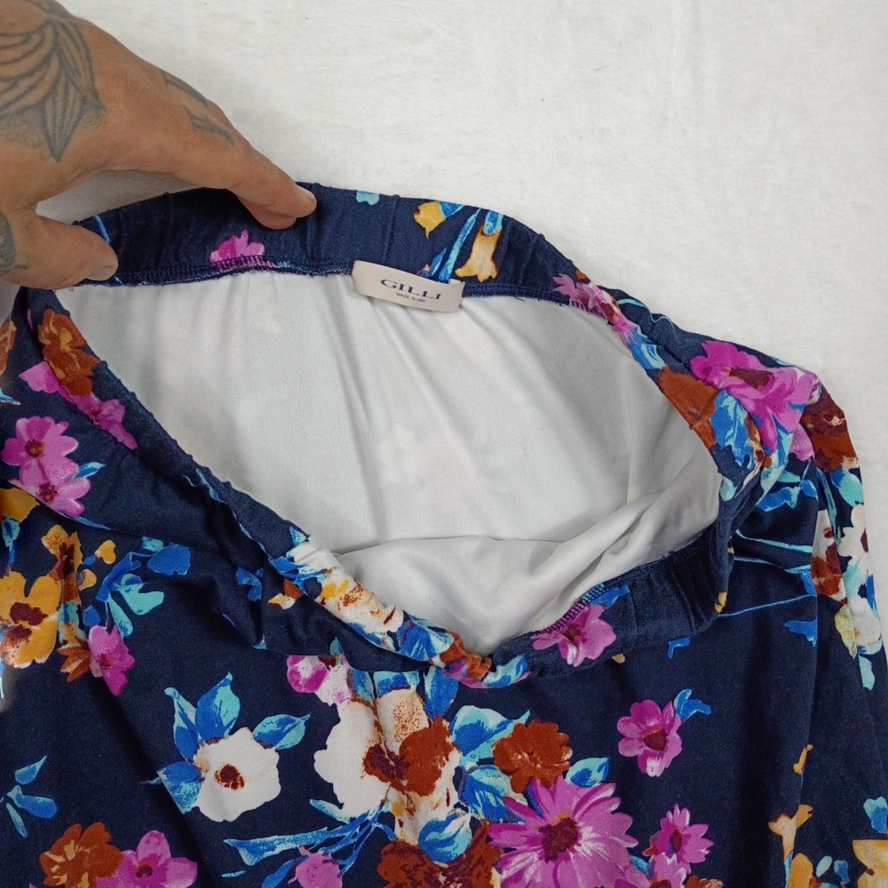 Gilli Navy Blue Floral Mini Skirt Elastic Waist Stretchy Bodycon Made in USA - Picture 4 of 6